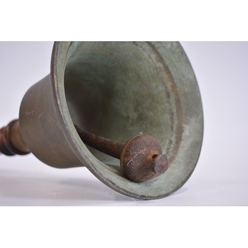 84 - Antique bronzed school bell with wood turned handle, sounds superb.