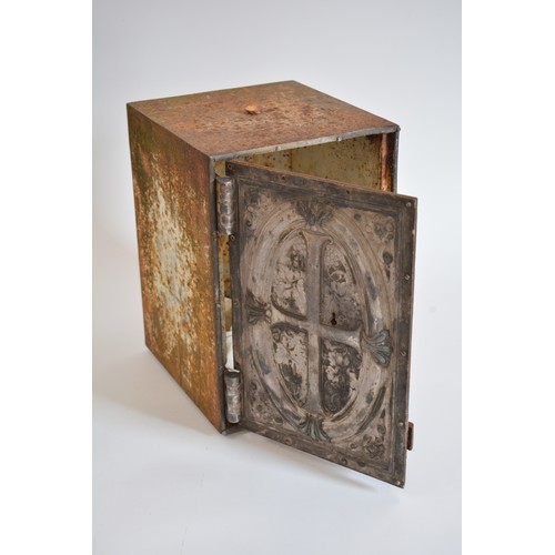 86 - Eccleastical Interest - Cast Iron Safe with Crucifix to front, in weathered condition.  Approx H34cm... 