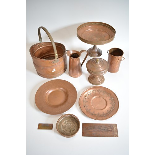 90 - Group of vintage copper items including hammered trays, coal scuttle etc. and two other pieces by  H... 