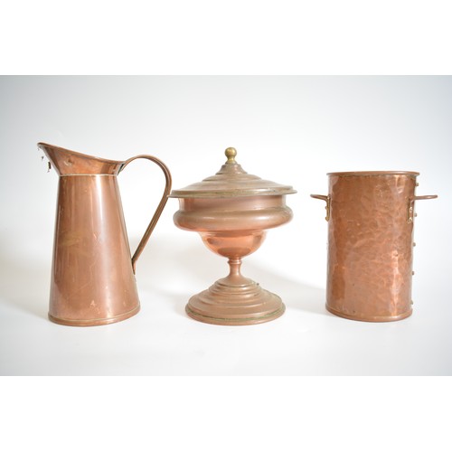 90 - Group of vintage copper items including hammered trays, coal scuttle etc. and two other pieces by  H... 