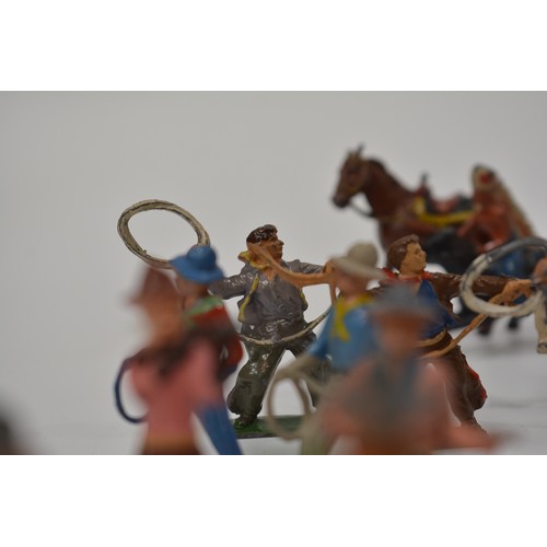 122 - Quantity of vintage lead figures with names such as J Hill and Son etc, in play worn condition