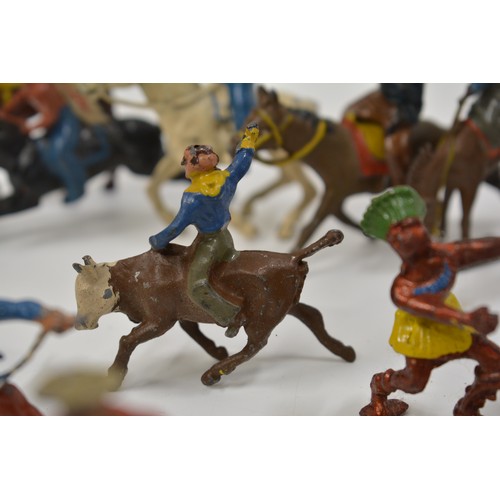 122 - Quantity of vintage lead figures with names such as J Hill and Son etc, in play worn condition