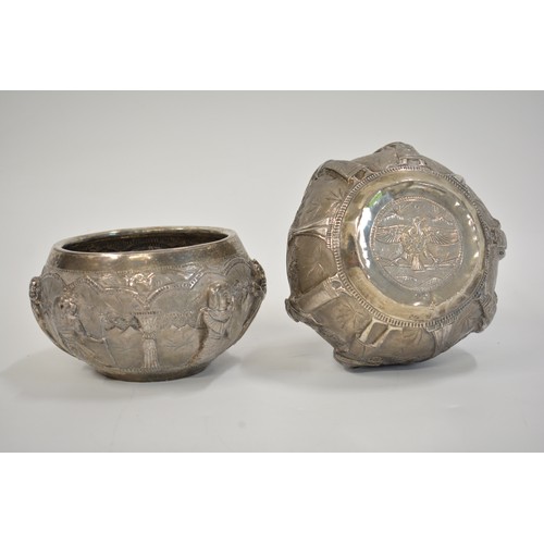 154 - Antique Egyptian embossed bowls (x2) with Sun Worship Scenes, marks to base. approx H9cms.