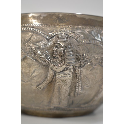 154 - Antique Egyptian embossed bowls (x2) with Sun Worship Scenes, marks to base. approx H9cms.