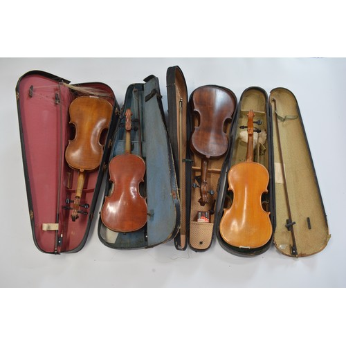 158 - 4 cased violins with bows
2 labelled Maidstone School Orchestra London
2 unlabelled