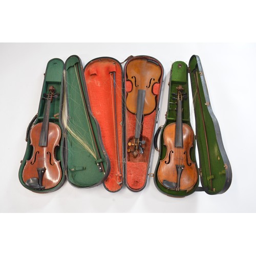 160 - 3 cased violins with bows
1 label reads The Maidstone John G Murdoch & Co London
2 unlabelled