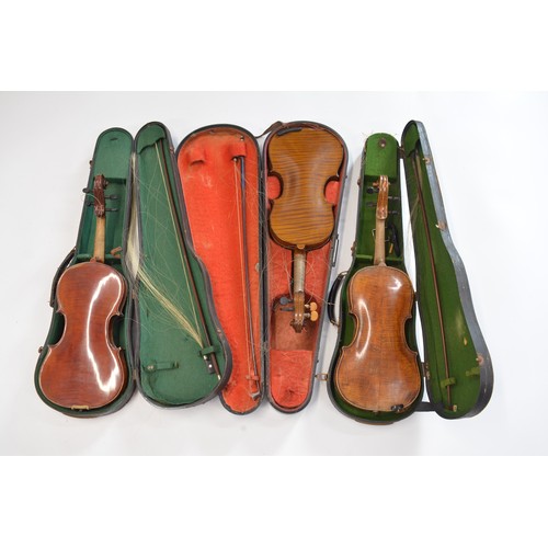 160 - 3 cased violins with bows
1 label reads The Maidstone John G Murdoch & Co London
2 unlabelled