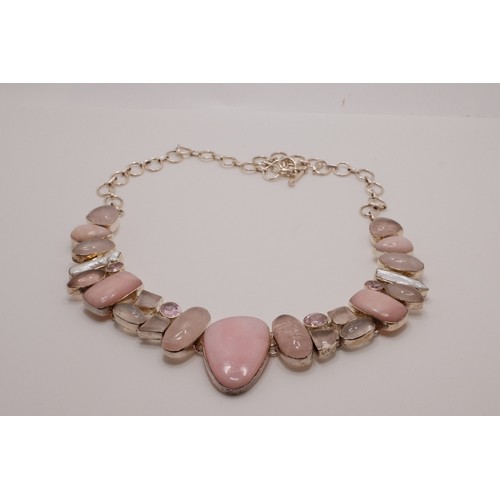 184 - Multi tone silver necklace with semi precious pink Stones/Rose Quartz, stamped 925.