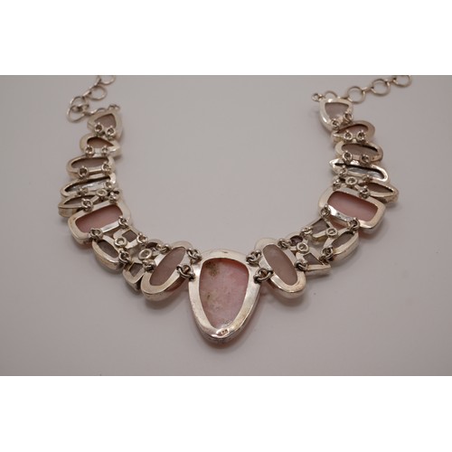 184 - Multi tone silver necklace with semi precious pink Stones/Rose Quartz, stamped 925.