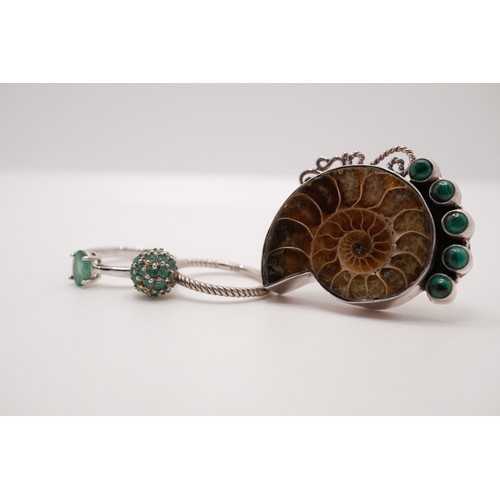 186 - Ammonite Fossil with malachite Silver ring (size M) stamped 925 together with two other silver rings... 