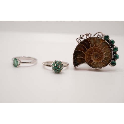 186 - Ammonite Fossil with malachite Silver ring (size M) stamped 925 together with two other silver rings... 