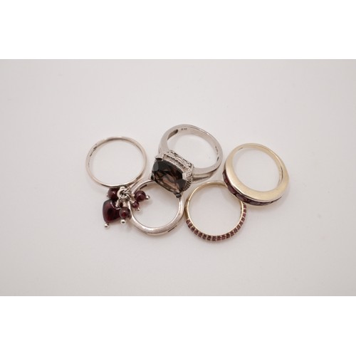 187 - x5 silver rings, some with semi precious stones including possibly smokey quartz, amethyst, predomin... 