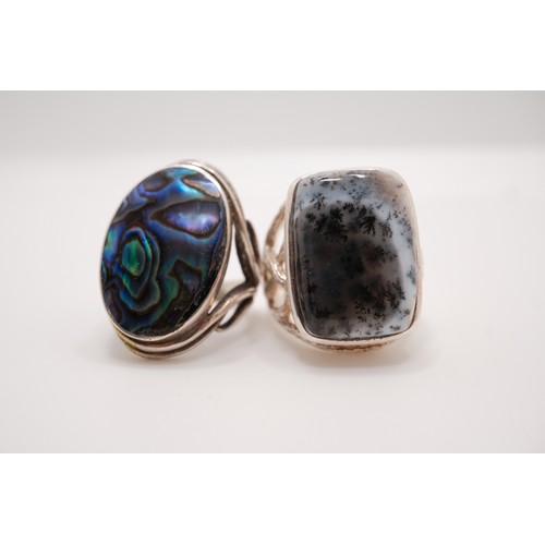 189 - 925 silver rings - larger designs of rectangular Dendritic agate and oval Abalone, both marked 925, ... 