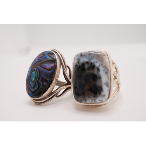 189 - 925 silver rings - larger designs of rectangular Dendritic agate and oval Abalone, both marked 925, ... 