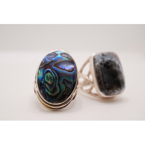 189 - 925 silver rings - larger designs of rectangular Dendritic agate and oval Abalone, both marked 925, ... 