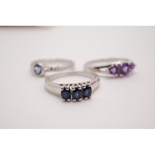 191 - x3 silver rings, some with semi precious stones including possibly sapphire, amethyst, predominately... 