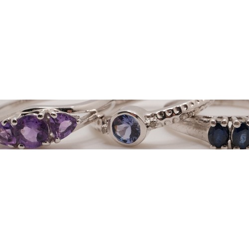 191 - x3 silver rings, some with semi precious stones including possibly sapphire, amethyst, predominately... 