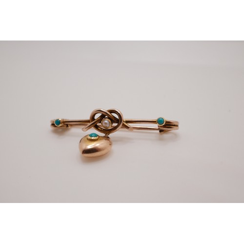 194 - Victorian sweetheart brooch, with turquoise and seed pearl embellishment, approx 3cm x  1cm.