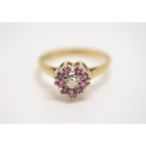 198 - 9ct gold ruby and diamond cluster ring, size N.