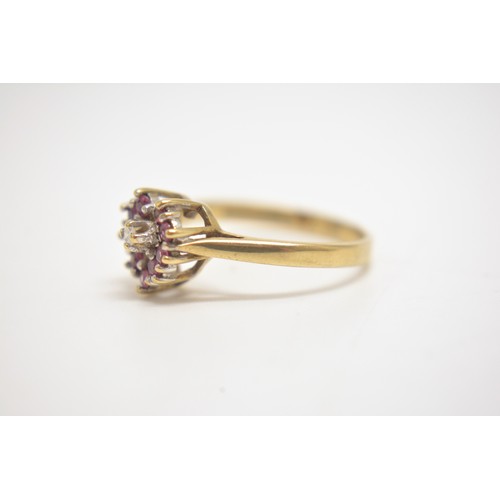 198 - 9ct gold ruby and diamond cluster ring, size N.