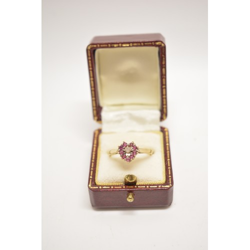 198 - 9ct gold ruby and diamond cluster ring, size N.