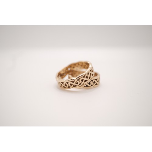 199 - x2 Yellow gold rings, celtic style design, both stamped with makers mark JC 10, .416, large size U a... 