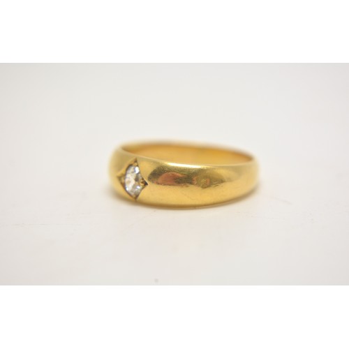 207 - 18ct yellow gold ring hallmarked Chester, Central diamond solitaire, approx size R. 3g.