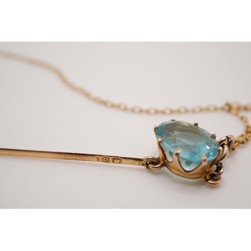 209 - Vintage 9ct drop blue stone pendant (overall length 4.5cm), possibly aquamarine on 15ct yellow gold ... 