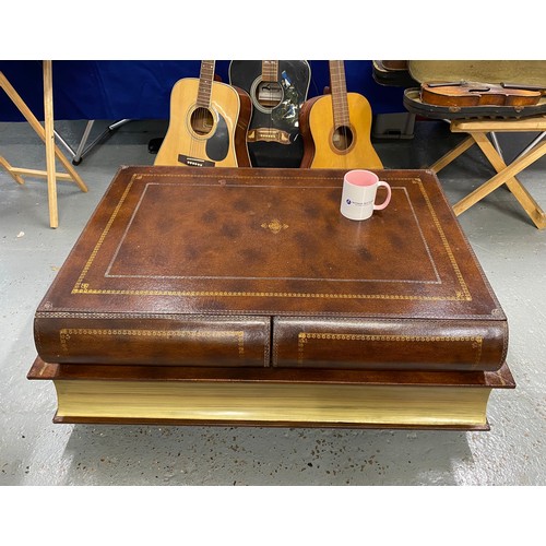 166 - Quirky table in the style/shape of a leather bound book, with drawers. size approx 43 cms tall, 68cm... 