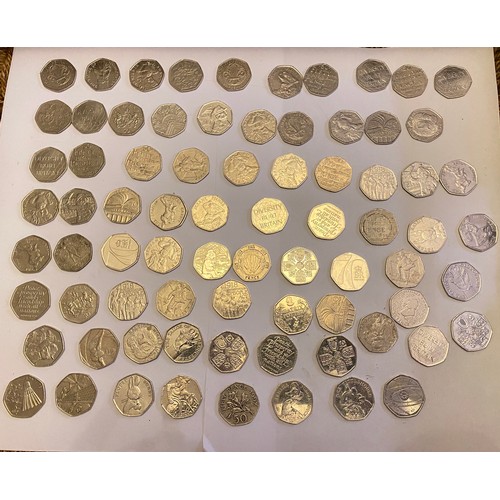 169 - A quantity of 50 pence pieces to include Beatrix Potter, Olympic Games and other themes. x76 coins.