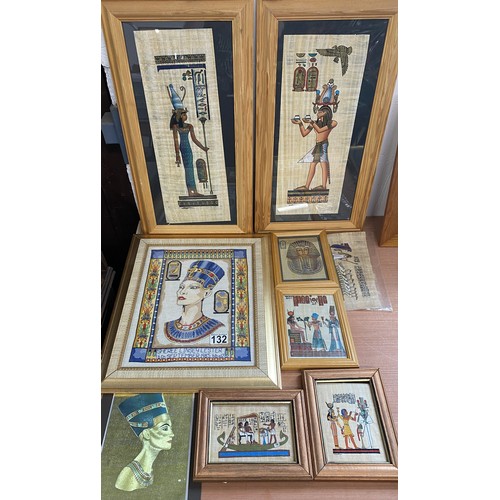 132 - Group of Egypitian themed art  consisiting x2 tall rectangular framed Egyptian  figures on papaya, 3... 