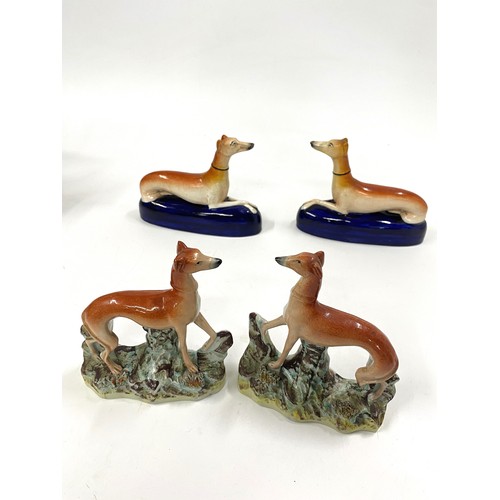 1 - A pair of antique Staffordshire greyhound ink holders Lx 19cm x H 15cm, plus a pair of antique Greyh... 