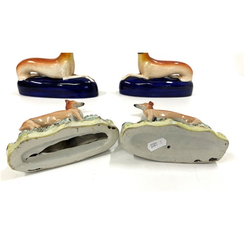 1 - A pair of antique Staffordshire greyhound ink holders Lx 19cm x H 15cm, plus a pair of antique Greyh... 