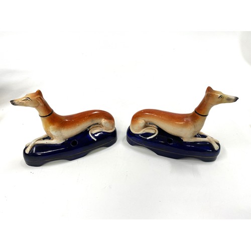 1 - A pair of antique Staffordshire greyhound ink holders Lx 19cm x H 15cm, plus a pair of antique Greyh... 