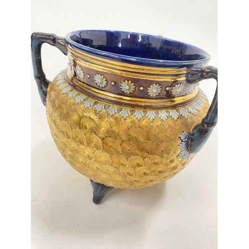 5 - A Doulton stoneware Cauldron vase, with a decorative gilt swirl pattern with a freeze of delicate fl... 