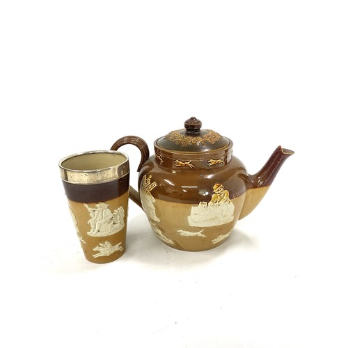 10 - x 3 Doulton Lambeth salt-glazed items consisting a large teapot, double-handled bowl and a beaker wi... 