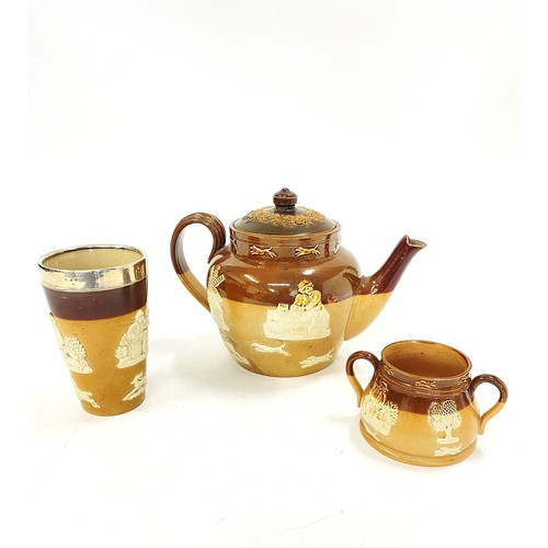 10 - x 3 Doulton Lambeth salt-glazed items consisting a large teapot, double-handled bowl and a beaker wi... 