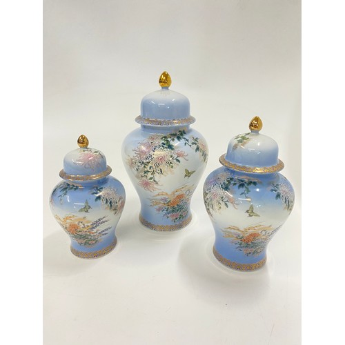 20 - Kyoto porcelain ginger jars (x3), graduating in size,  max H27cm