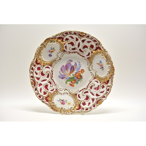 21 - 20th Century Meissen plate decorated with tulip, flower bouquets, with burgundy  red and gilt detail... 