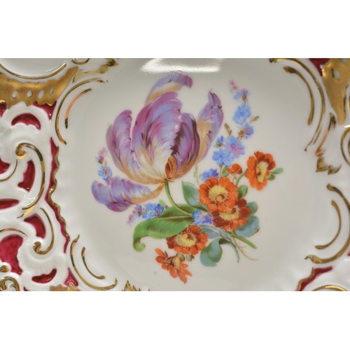 21 - 20th Century Meissen plate decorated with tulip, flower bouquets, with burgundy  red and gilt detail... 