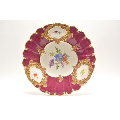 23 - 20th Century Meissen plate decorated with flower stems and floral bouquets, burgundy red with gilt d... 