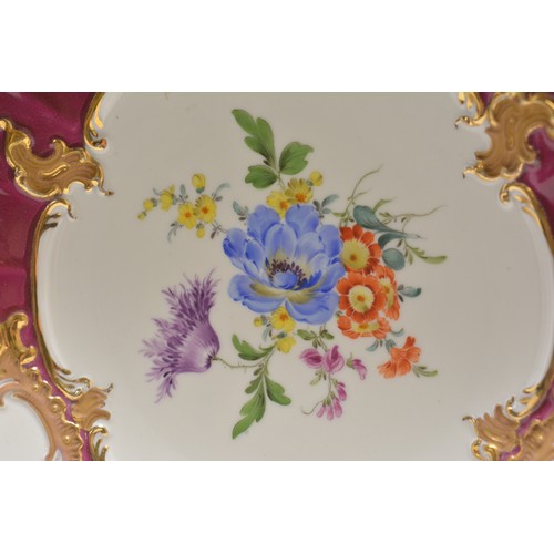 23 - 20th Century Meissen plate decorated with flower stems and floral bouquets, burgundy red with gilt d... 