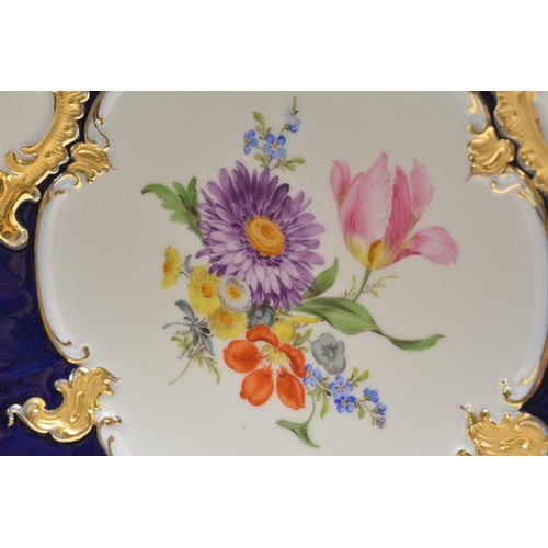 25 - 20th Century Meissen plate decorated with flower stems and floral bouquets, cobolt blue with gilt de... 