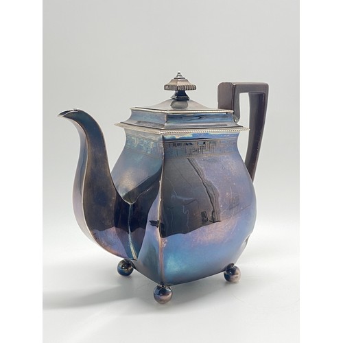 42 - Georgian Interest - Large George III silver teapot on bun feet, with greek key design and monogram t... 