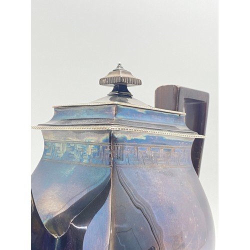 42 - Georgian Interest - Large George III silver teapot on bun feet, with greek key design and monogram t... 