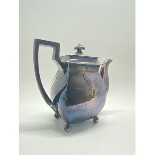 42 - Georgian Interest - Large George III silver teapot on bun feet, with greek key design and monogram t... 