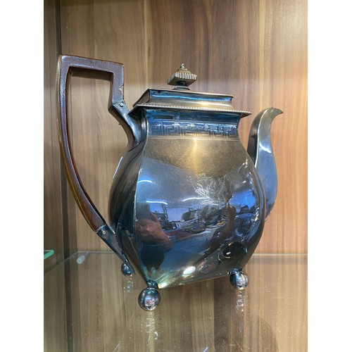 42 - Georgian Interest - Large George III silver teapot on bun feet, with greek key design and monogram t... 