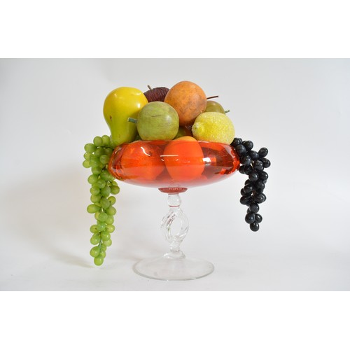 53 - Retro round glass bowl containing artificial decorative fruit collection.  approx height with fruit ... 