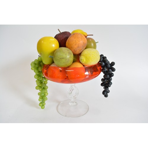 53 - Retro round glass bowl containing artificial decorative fruit collection.  approx height with fruit ... 