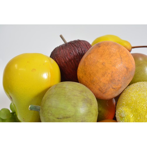 53 - Retro round glass bowl containing artificial decorative fruit collection.  approx height with fruit ... 